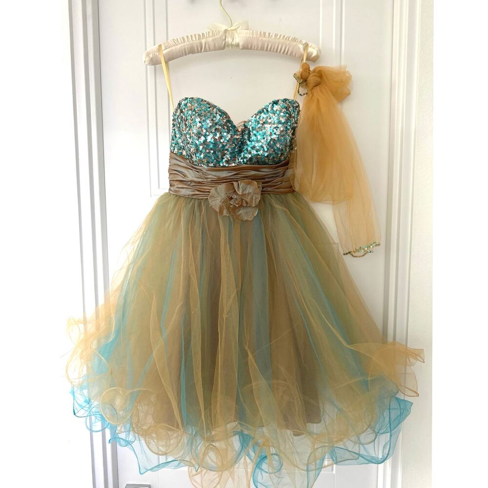 May Queen Couture Sequin Tulle Party Dress Teal Gold Strapless Size 6 NEW